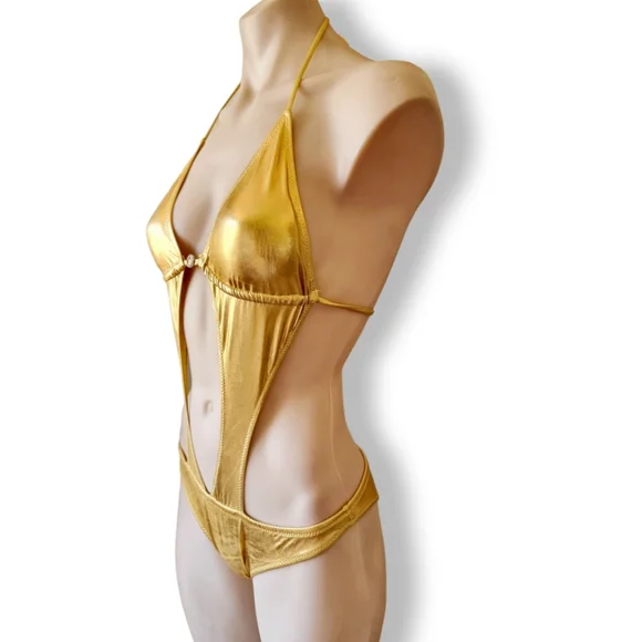 Metallic gold, one piece/monokini swimsuit or bodysuit with rhinestones/diamonte - Picture 7 of 9